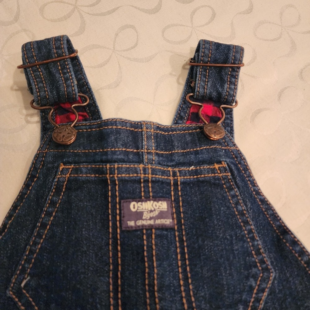 OshKosh B'gosh 3T Carpenter Overalls Dark Wash Denim Flannel Lined Buffalo Plaid - Picture 5 of 16